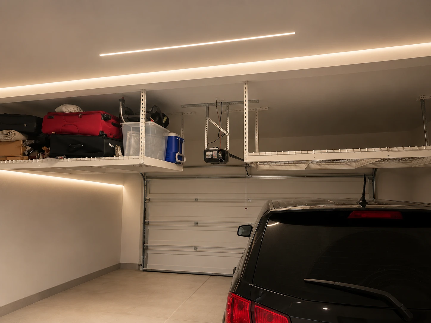 Overhead garage storage rack keeping the floor clear above a parked car