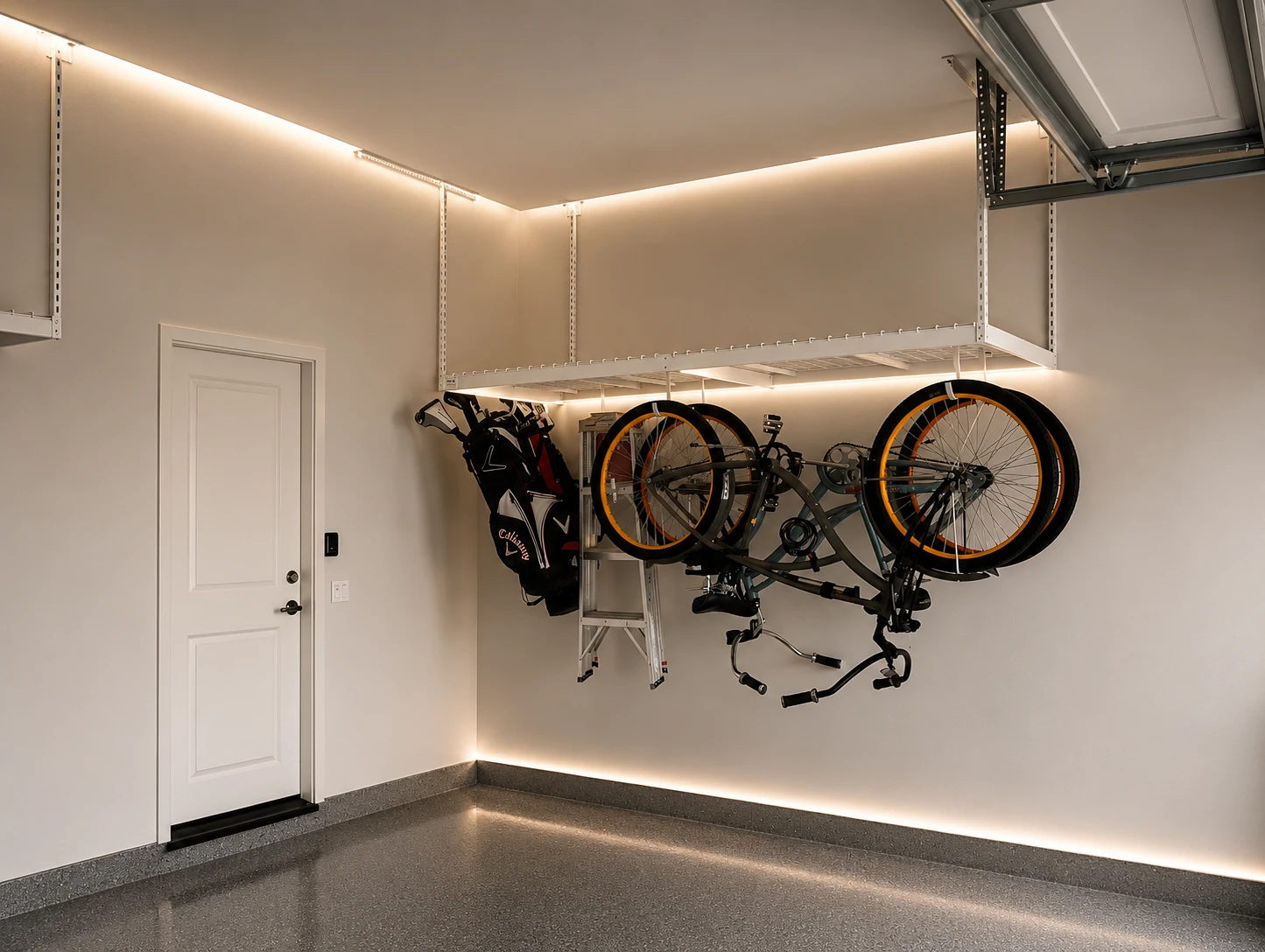Overhead garage rack storing bikes, golf clubs, and a ladder