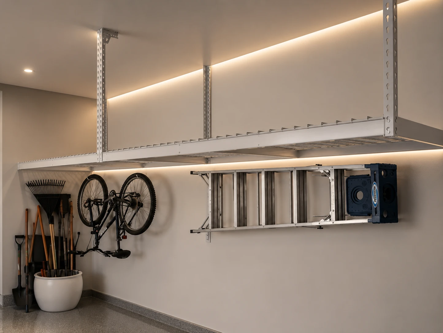 Wall-mounted rack with a bike, garden tools, and ladder in an organized garage